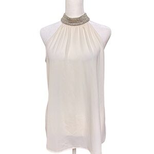 Elegant Worthington Cream Halter Blouse with Rhinestone Beaded Collar – Size M